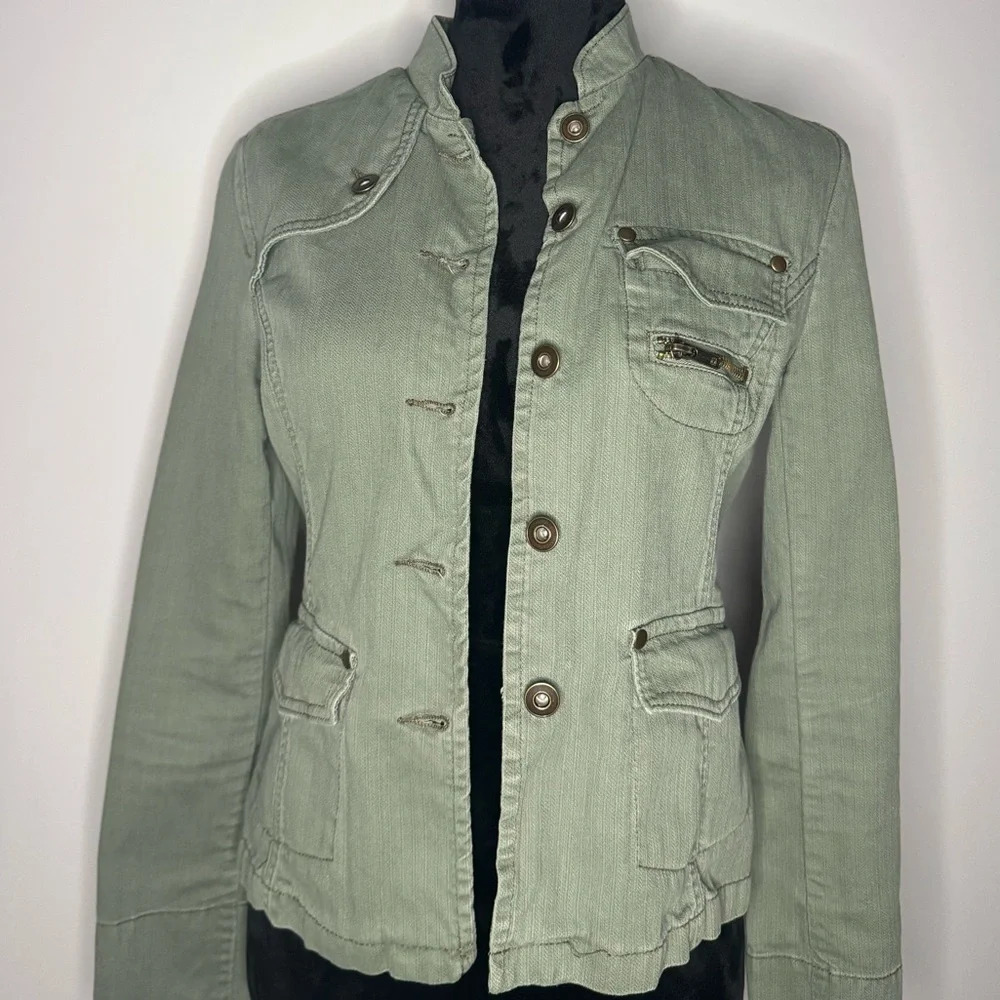 Mossimo Womens Utility Jacket Green Denim Military Button Up Pockets Casual - Picture 2 of 15